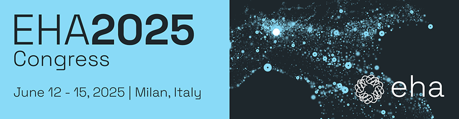 Block with text: EHA2025 Congress, June 12–15, 202, Milan, Italy | Map of Italy comprised of small blue circles