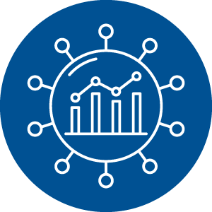 Graphic of multiple nodes connected to one large, central node. Inside the central node is a bar chart and graph.