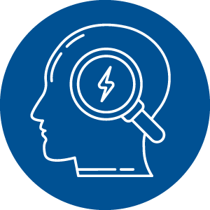 Graphic of a person's head. In front of it is a magnifying glass and, within it, a lightning bolt.